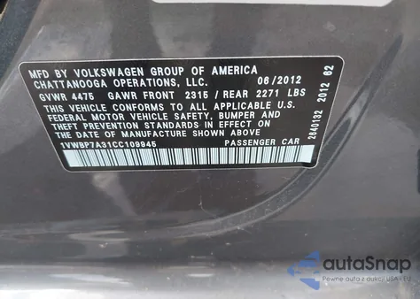 2012 Volkswagen Passat 2.5L Se z USA, uszkodzony, nr VIN 1VWBP7A31CC109945